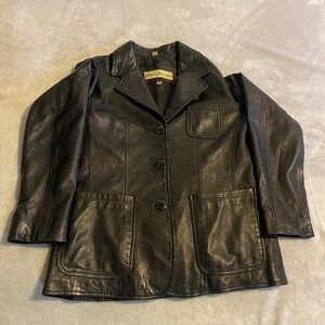 Rem Garson Genuine Leather Blazer Jacket Women Medium Black Button Front Pockets